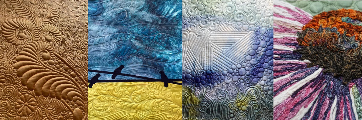 Four panels of colorful quilted fabric art, each displaying intricate stitching patterns; designs include swirls, feathers, birds on a wire, geometric shapes, and textured floral embroidery.