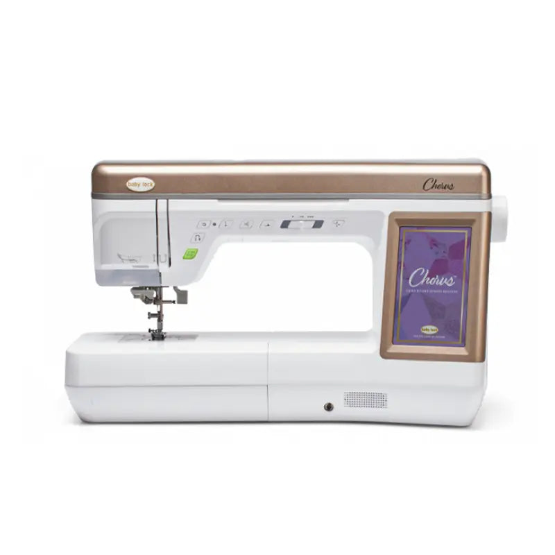 The Baby Lock Chorus Sewing Machine features a large touchscreen, sleek white and gold design, and advanced Compact Digital Dual-Feed System for precise stitching.