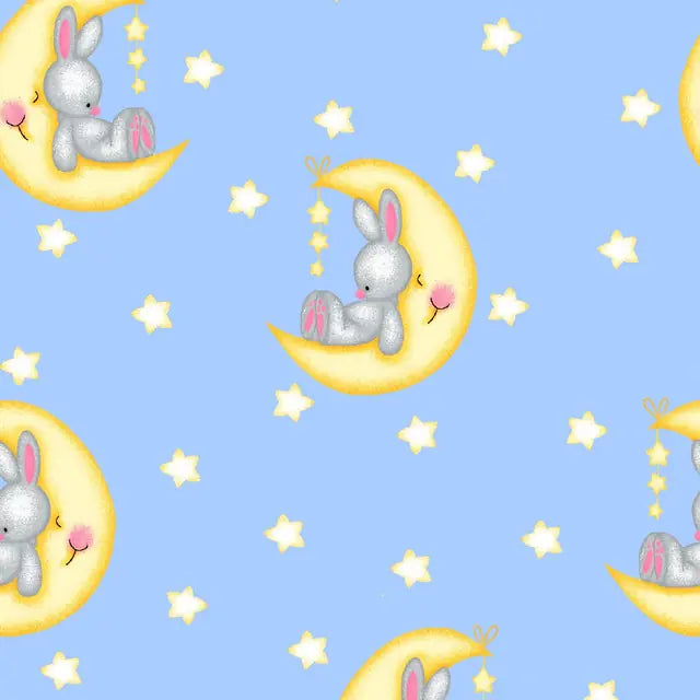 Comfy Flannel blue bunny on moon flannel fabric yardage