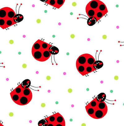 Comfy Flannel White Lady Bugs & Dots Flannel Fabric Yardage