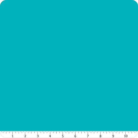 A square swatch of Riley Blake Confetti Cotton™ Turquoise Solid Fabric Yardage with rounded corners and a white ruler (1–10 inches) along the bottom—ideal quilting cotton for your next project.