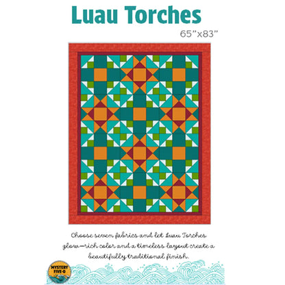 The Quilted Joy Mystery Five-0 Mega Mystery Luau Midnight Garden Quilt Kit features geometric shapes in green, orange, teal, yellow, and red with a red border and wave design at the bottom. Includes a downloadable PDF pattern. Measures 65" x 83".