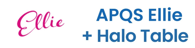 Logo text in pink cursive reads Ellie. To the right, bold blue text says APQS Ellie + Halo Table on a white background.