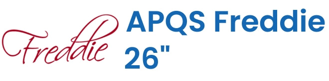 Logo with Freddie in red script and APQS Freddie 26 in bold blue text.