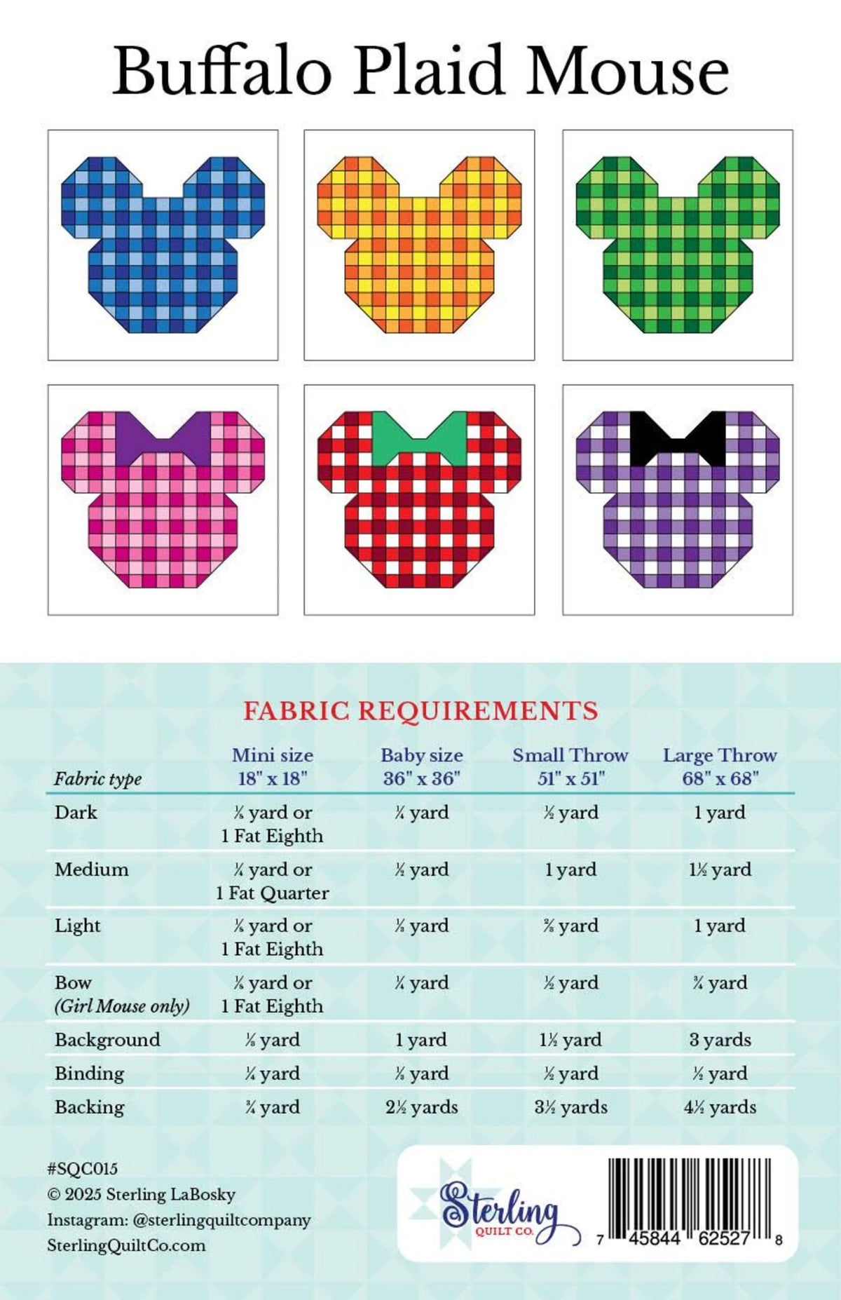 Pattern for Buffalo Plaid Mouse with fabric requirements on a blue background