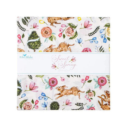 Floral and bunny-themed fabric panel with 'Sweet Spring' text and Riley Blake logo.
