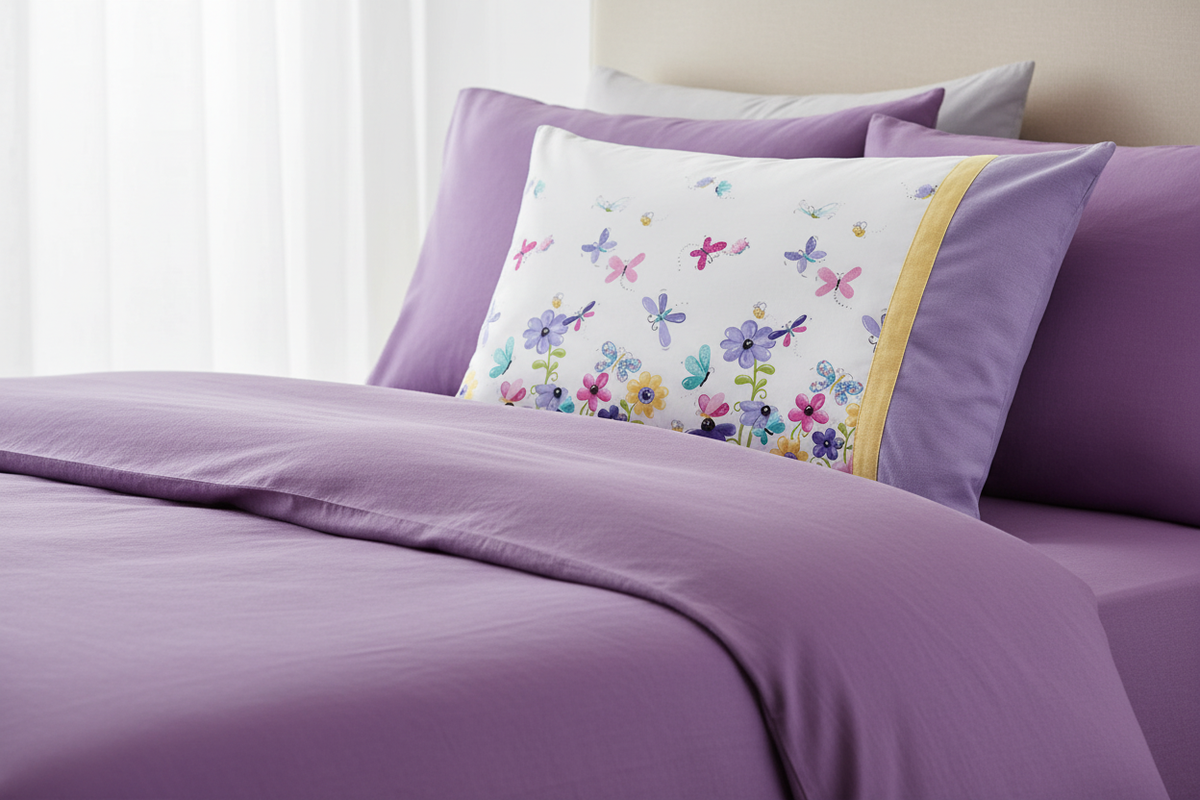 Flutter Butterfly Pillowcase Kit styled on purple bed