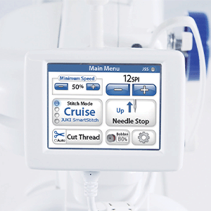The color touch screen of the JUKI Miyabi J-350QVP showing the main menu with minimum speed, 12 stitches per inch, Cruise stitch mode, needle stop up, automatic thread cutting and the bobbin level.