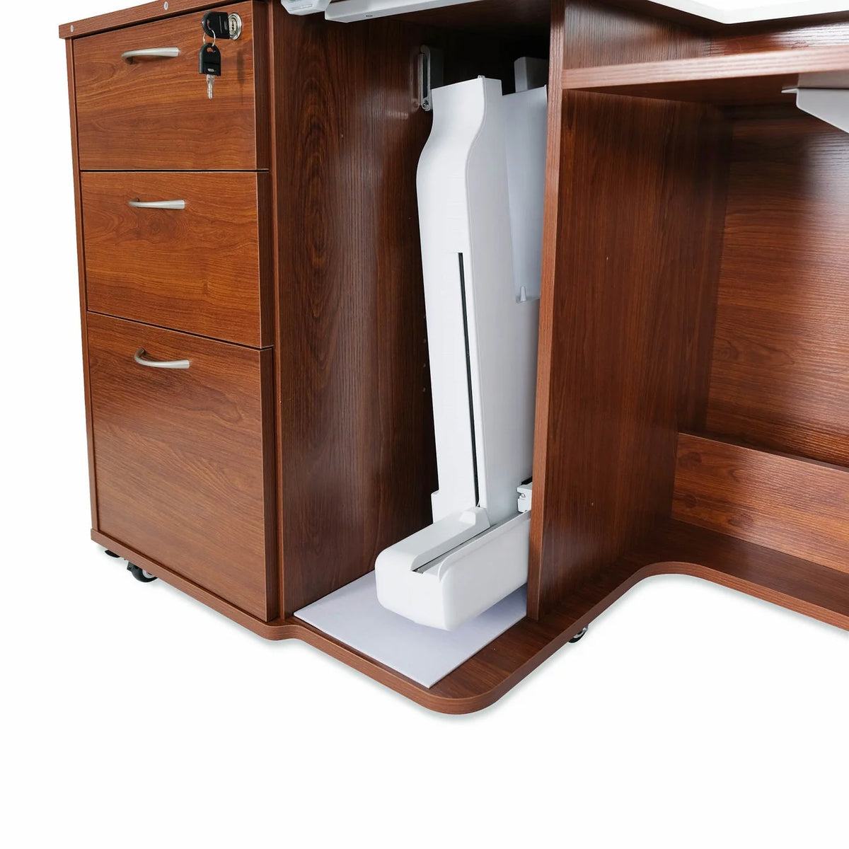 A close-up of the Kangaroo Sydney Sewing Cabinet with Electric Lift by Arrow Companies, LLC, featuring three drawers on the left and an open compartment with a white adjustable lift mechanism on the right.