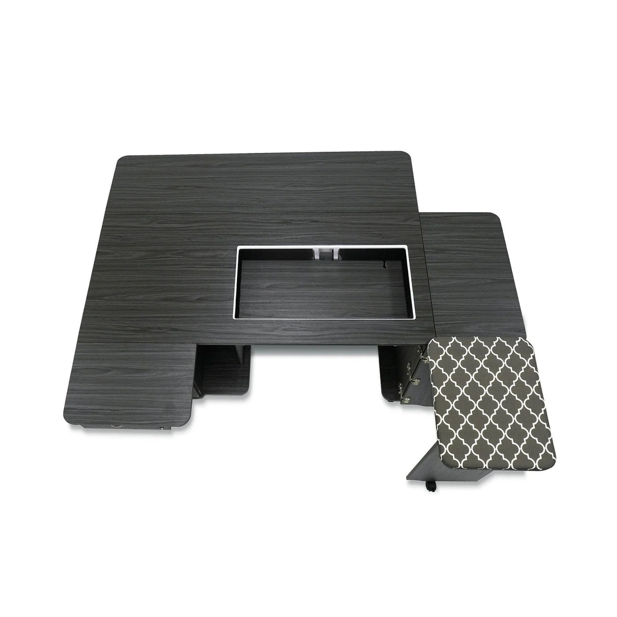 A dark wood lap desk with a cup holder, raised laptop platform, and a gray and white geometric side surface—ideal for pairing with your Kangaroo Sydney Sewing Cabinet with Electric Lift by Arrow Companies, LLC.