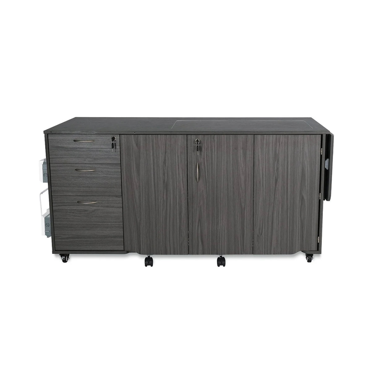 The Kangaroo Sydney Sewing Cabinet by Arrow Companies, LLC features three left drawers, center double doors, a right fold-out panel, and caster wheels for mobility. An electric lift adds convenience for all your sewing needs.
