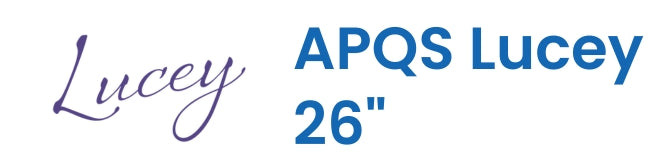 The image shows the word Lucey in purple script and the text APQS Lucey 26 in bold blue letters on a white background.