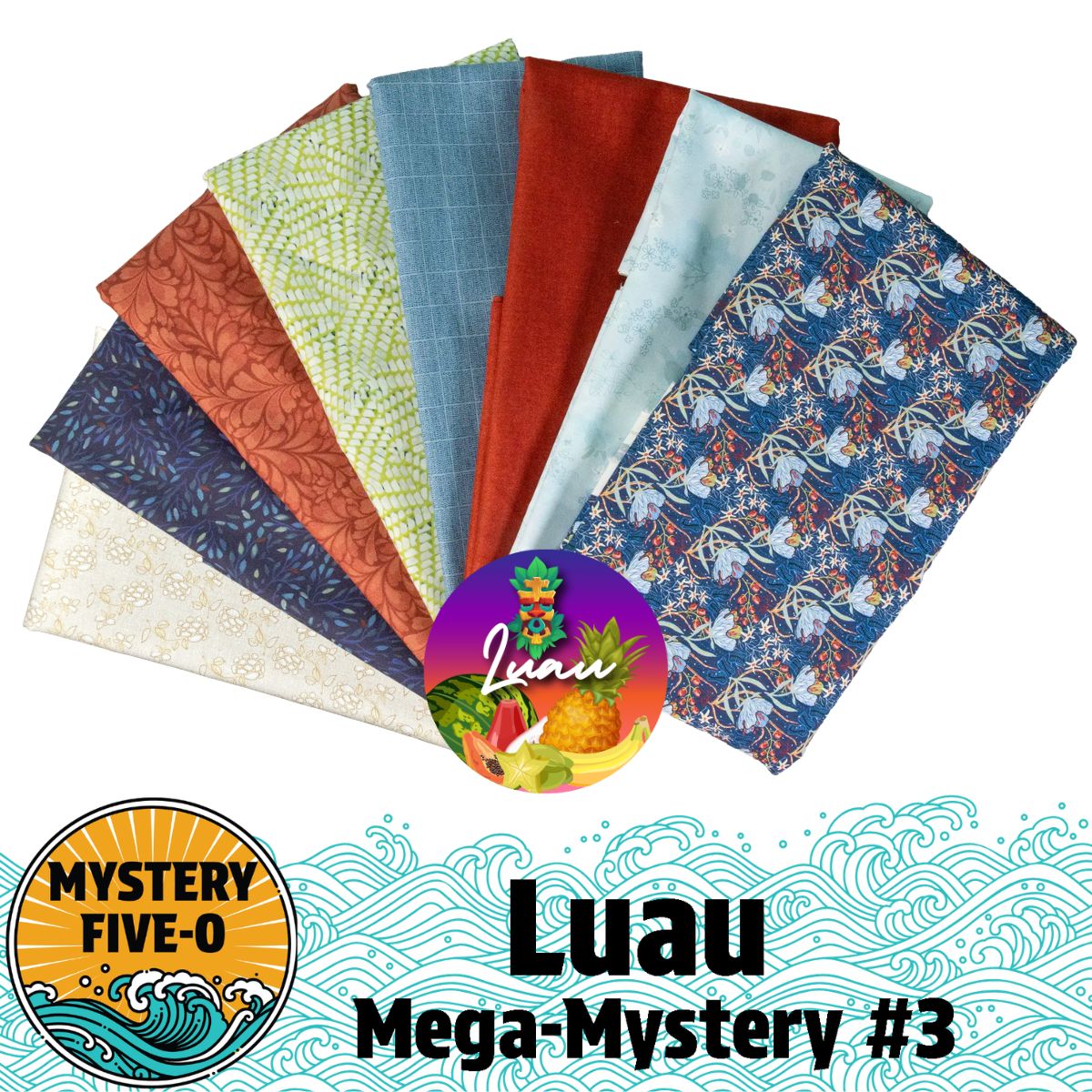A vibrant array of patterned fabric pieces showcases tropical and floral designs. Below, "Mystery Five-0 Mega Mystery Luau Midnight Garden Quilt Kit" by Quilted Joy appears with tropical and wave graphics.