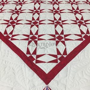 A quilt with a geometric pattern of red and white diamonds and squares, bordered by a solid red edge, featuring intricate stitching on the white fabric.