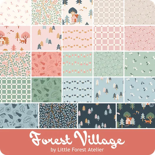 Collection of forest-themed patterns with 'Forest Village' branding by Little Forest Atelier.