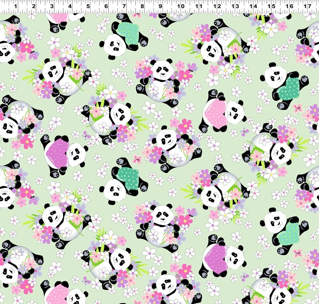 Panda Party Soft Green Tossed Pandas Fabric Yardage - quilt fabric for sewing and quilting projects